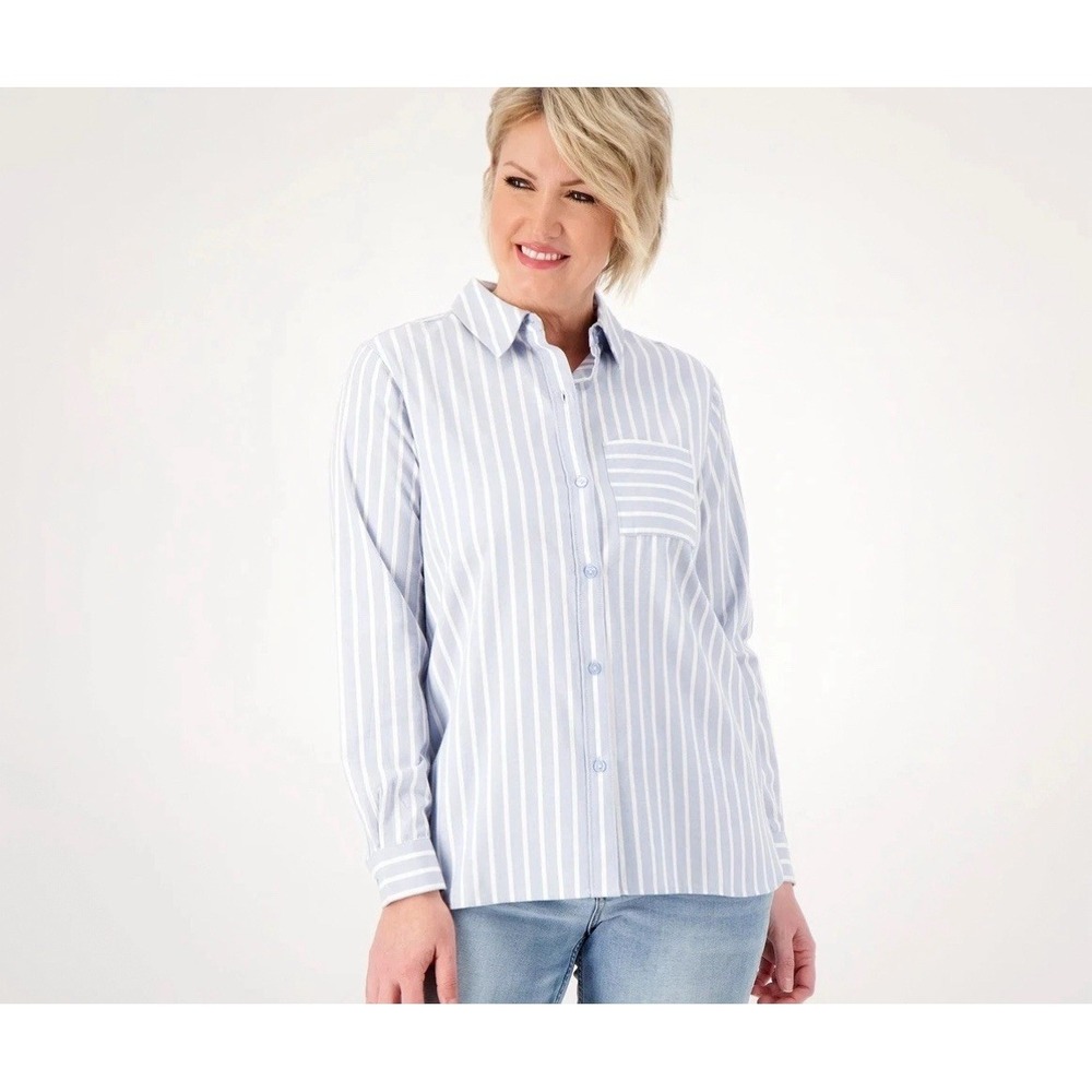 Encore by Idina Menzel Regular Poplin Button Down Shirt Blue/White MP #11527